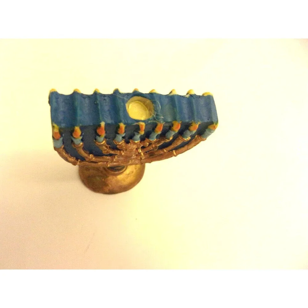 Menorah Silver Blue White Enamel Inlays + Ceamic Decoration Hanukkah Chanukah
